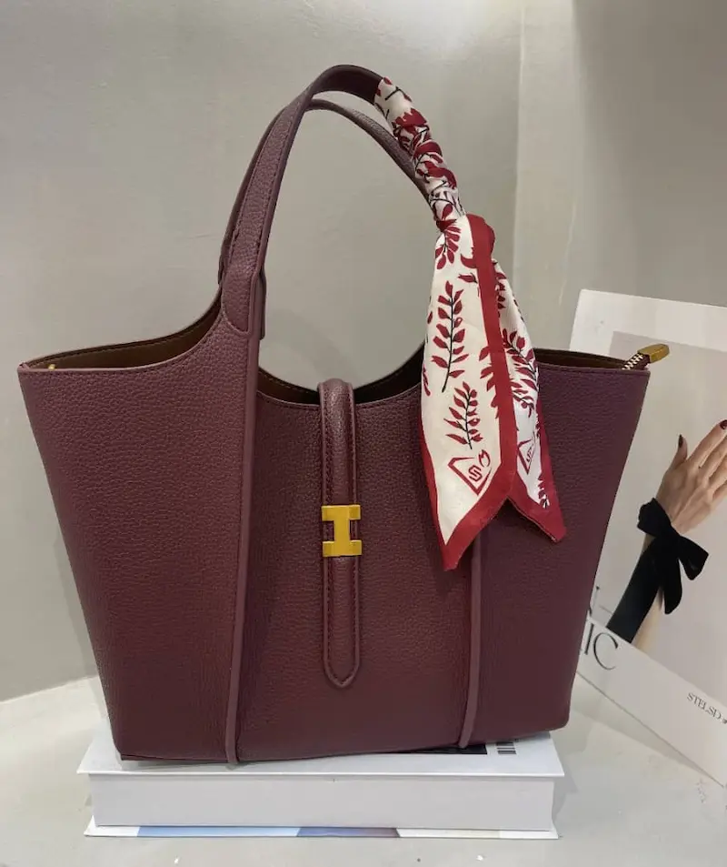 Luxury Leather Tote Handbag with Silk Scarf