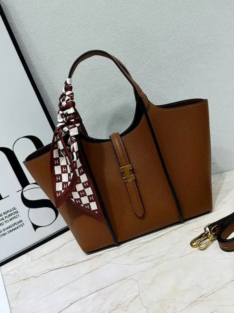 Luxury Leather Tote Handbag with Silk Scarf