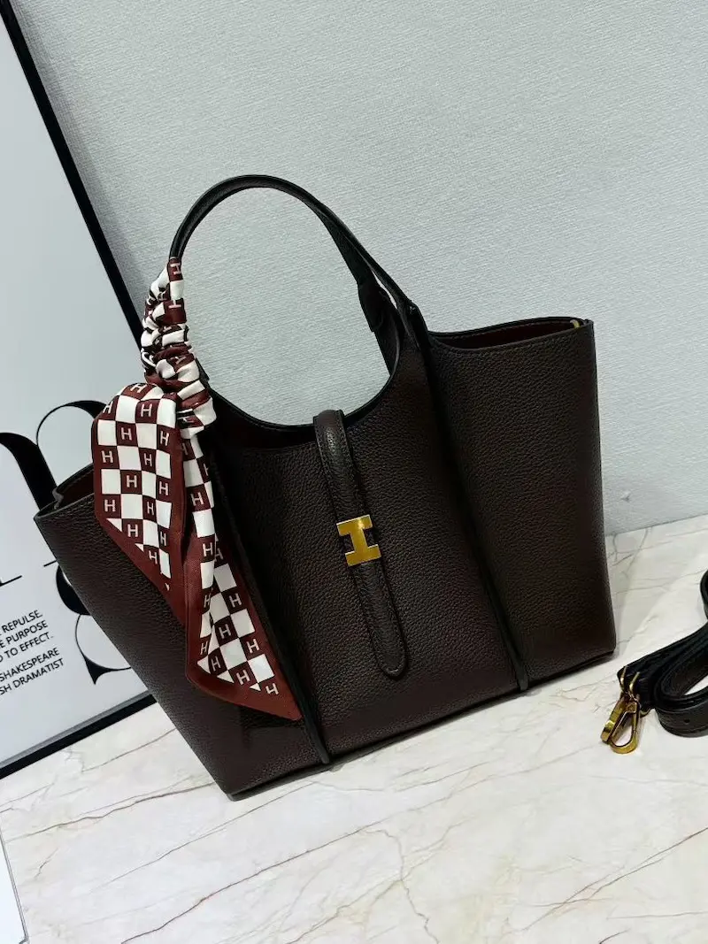 Luxury Leather Tote Handbag with Silk Scarf